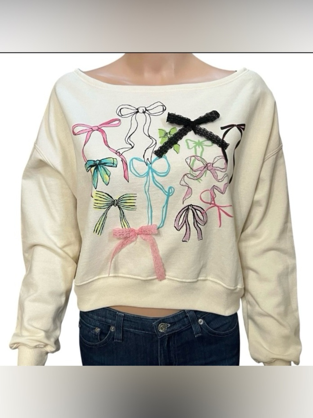 Ivory Bow-Print Pullover Sweater
